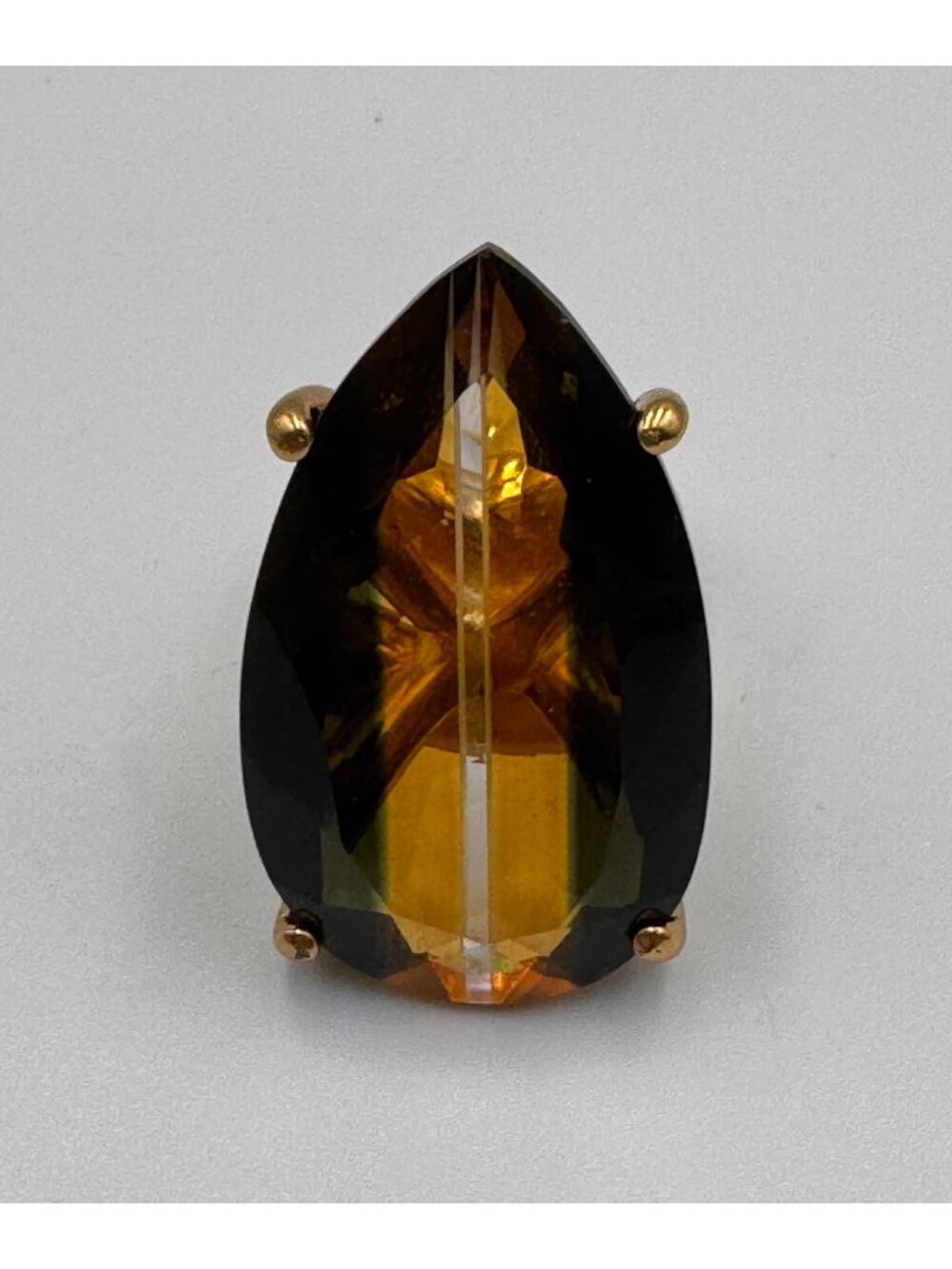 Naturally Unique Huge Bi-Color Quartz 55ct Pear Cut Gold Tone Cocktail Ring